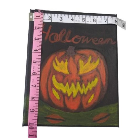Terrifying Halloween Jack o Lantern Acrylic Painting on Black Canvas 8 x 10 in - Picture 4 of 9
